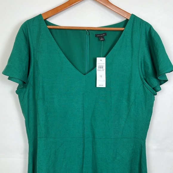 NWT Ann Taylor Linen Dress Emerald Green Fit Flare Midi 12 - Picture 3 of 8